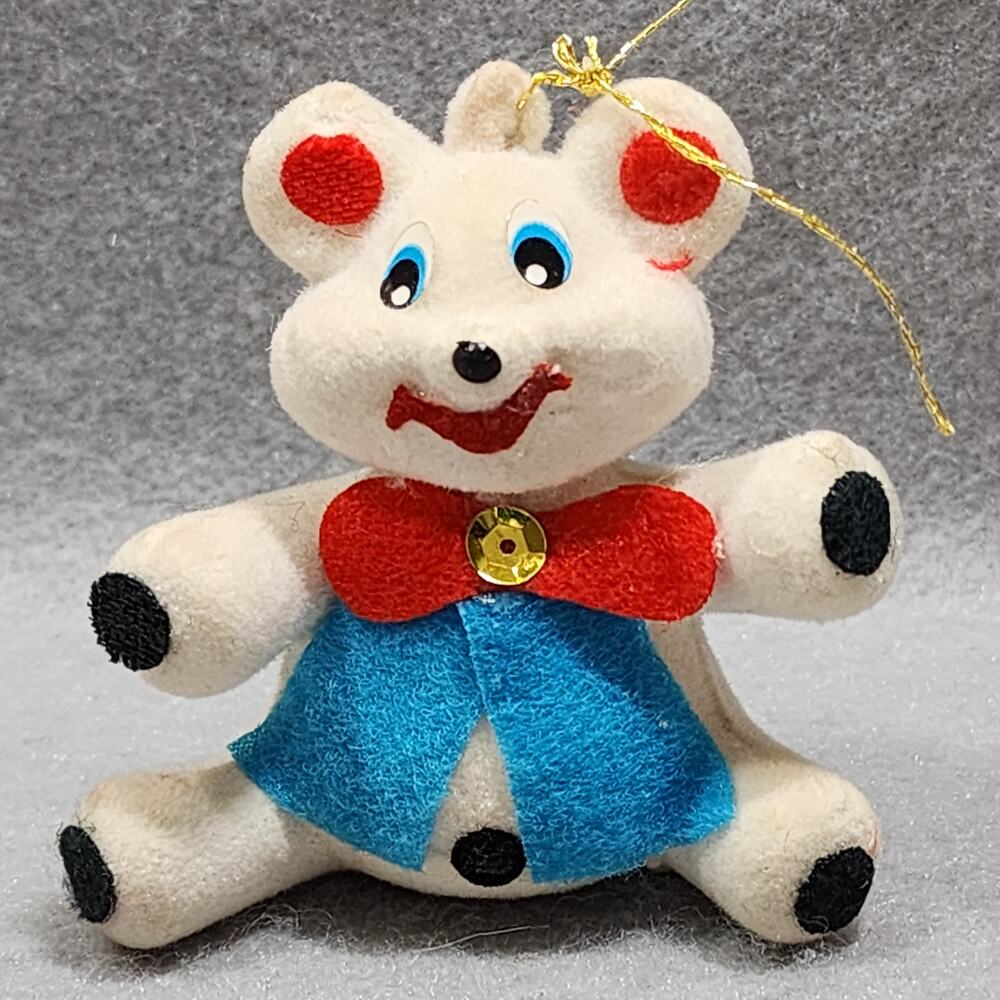 Flocked Light Blue Teddy Bear Christmas Ornament Vintage Holiday Decor 1960-1980